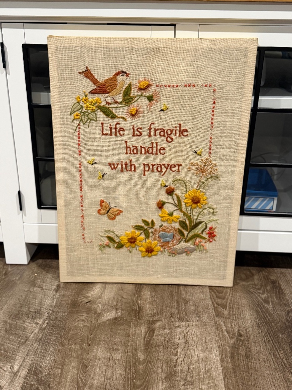 Completed 70s Embroidery Life is Fragile Handle with Prayer Birds Flowers VTG